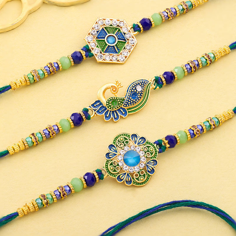 Royal Blue N Ornate Green Studded Rakhi Trio
