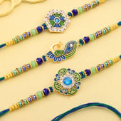Royal Blue N Ornate Green Studded Rakhi Trio