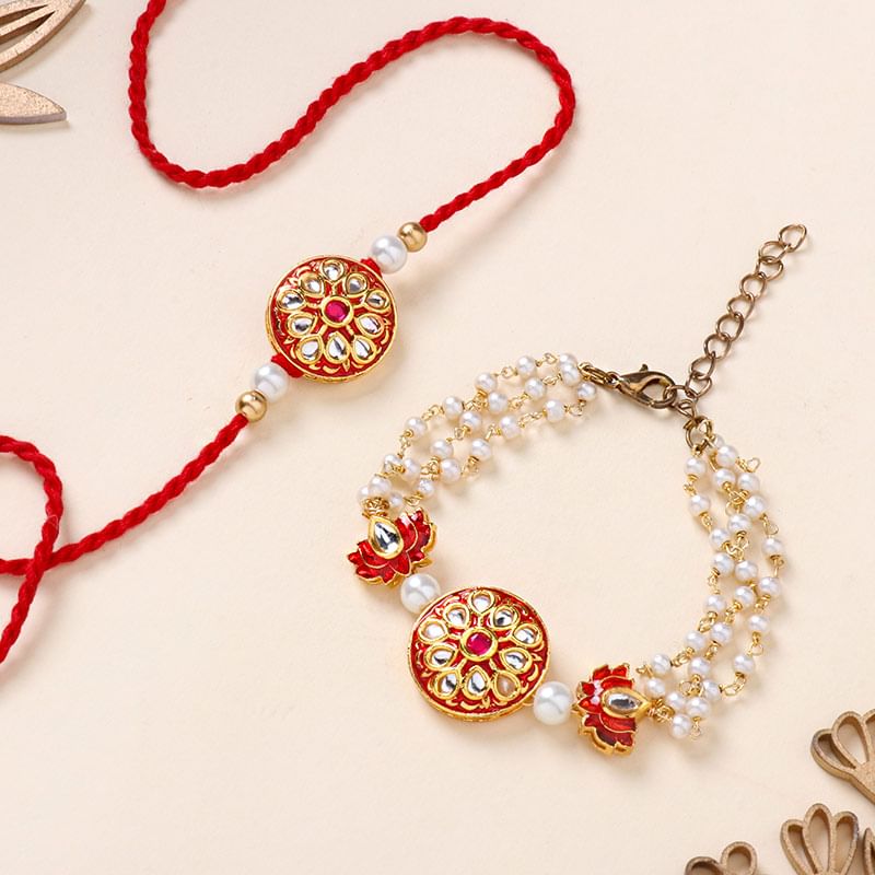 Royal Kundan Pearl Bhaiya Bhabhi Rakhi Set