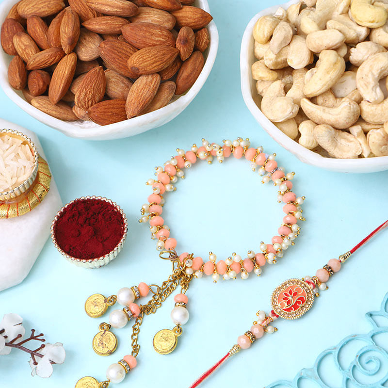 Royal Peach Bhai Bhabhi Rakhi Set With Dry Fruits