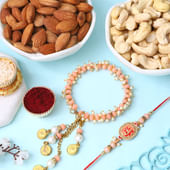 Royal Peach Bhai Bhabhi Rakhi Set With Dry Fruits