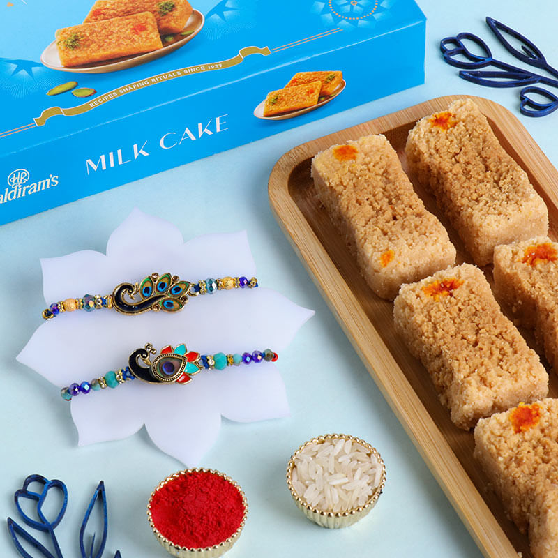 Royal Peacock Rakhi Set with Haldiram Milk Cake