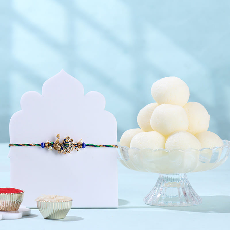 Royal Peacock Rakhi With Rasgulla