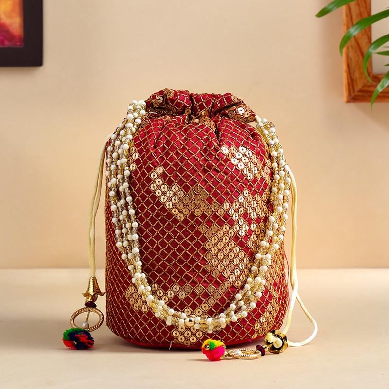 Royal Red Potli Bag With Beads N Sequins