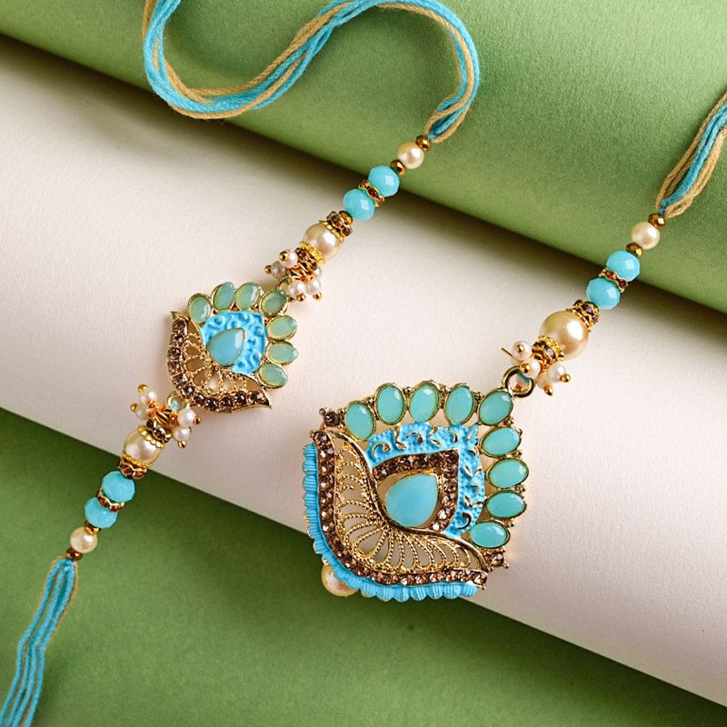 Order Lumba Rakhi Online For Bhaiya bhabhi - Royal Teal Couple Rakhi