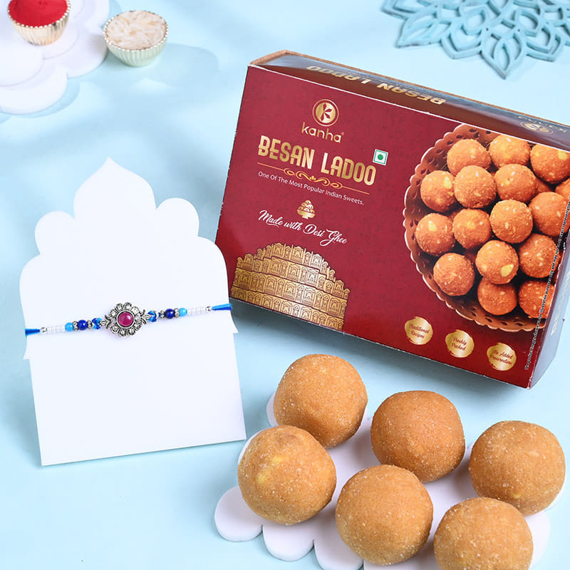 Ruby Designer Rakhi With Besan Ladoos