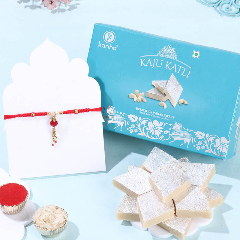 Ruby Drop Rakhi With Kaju Katli