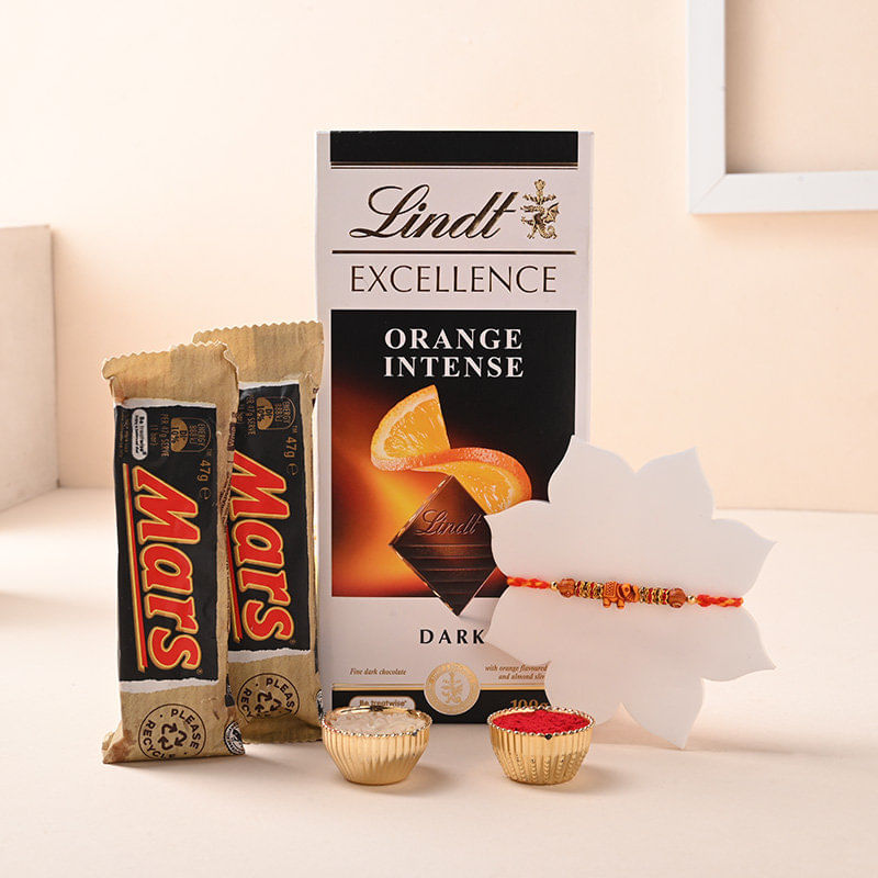 Rudraksh Bead Mauli Rakhi With Lindt and 2 Mar Bar