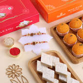 Rudraksh Bhaiya Bhabhi Rakhi Set With Kaju Katli N Motichoor Laddoos