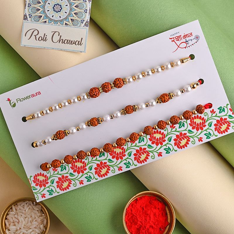 Rudraksh N Pearl Rakhi Set - Brother OnlineSet of 3 Rakhi