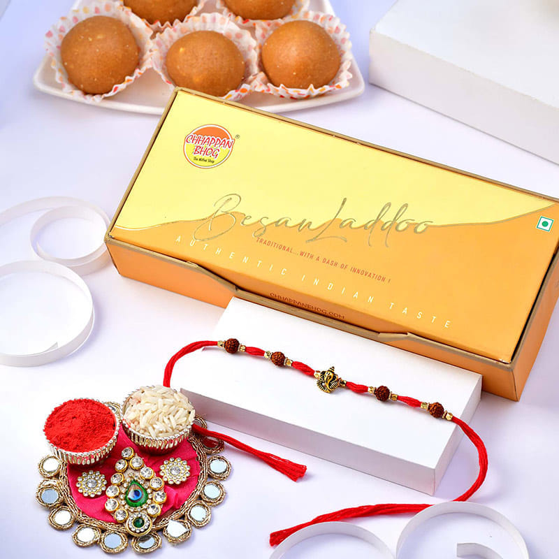 Rudraksha Ganesha Rakhi With Besan Laddoos