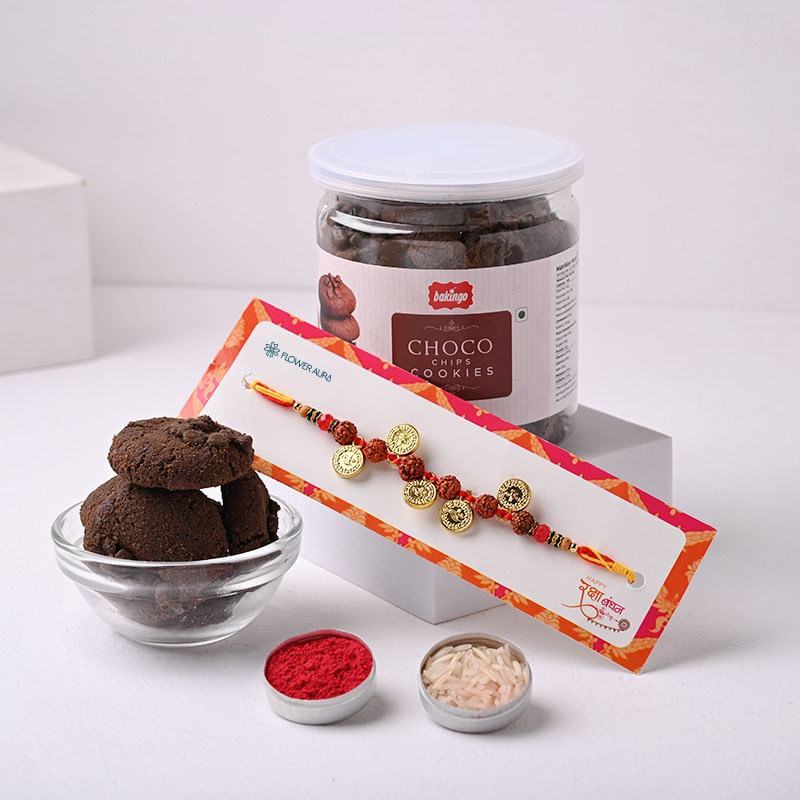 Single Rudraksha Ginni Rakhi With Choco Chips Cookies (Rakhi with Sweets)