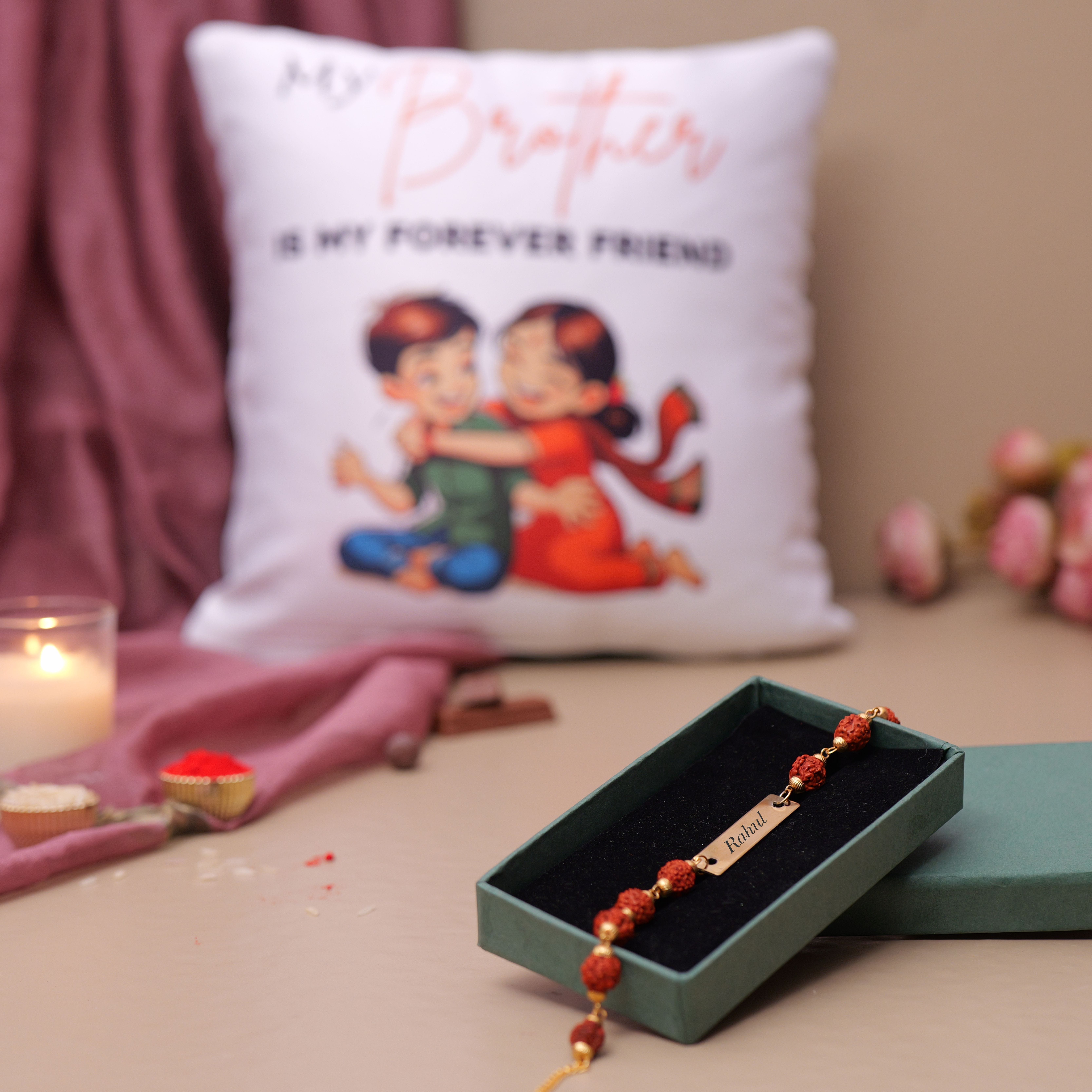 Rudraksha Metal Rakhi With Love In Fights Pillow