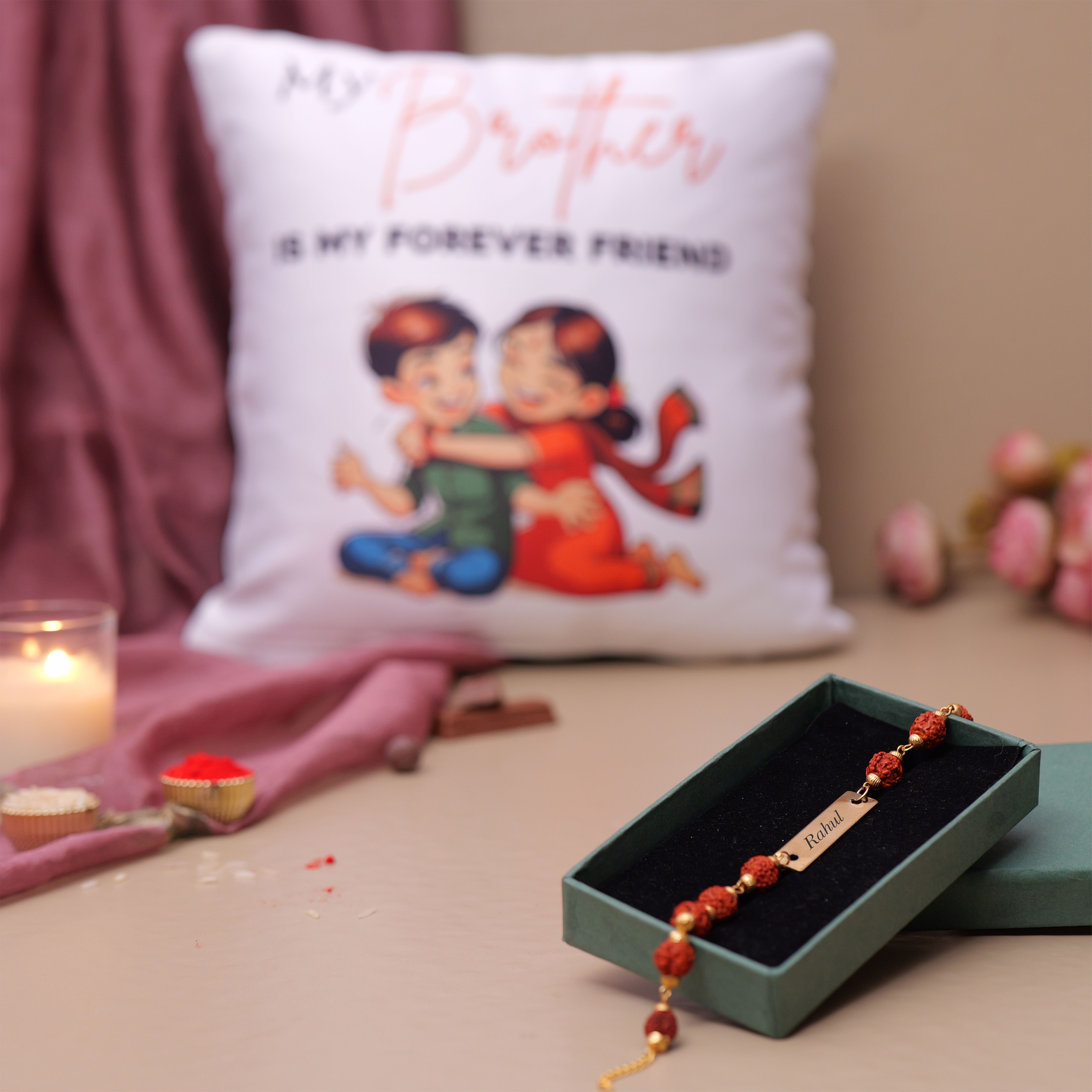 Rudraksha Metal Rakhi With Love In Fights Pillow