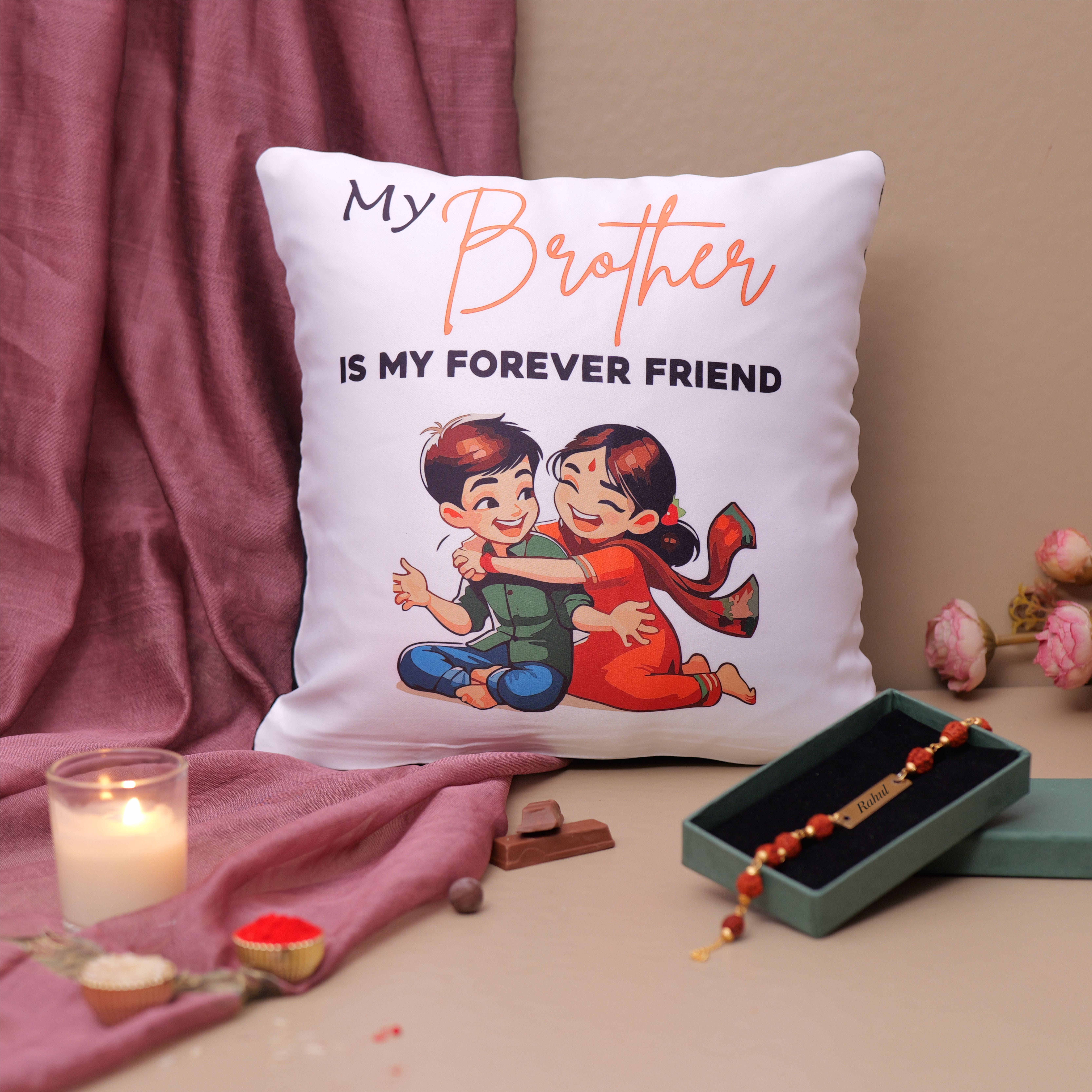 Rudraksha Metal Rakhi With Love In Fights Pillow