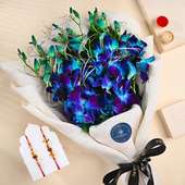 Rudraksha Mor Pankh Couple Rakhi N Blue Orchid Bouquet