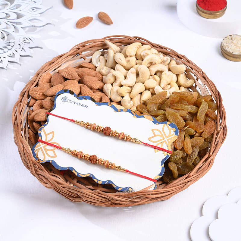 Rudraksha N Beaded Rakhi Duo With Dry Fruits