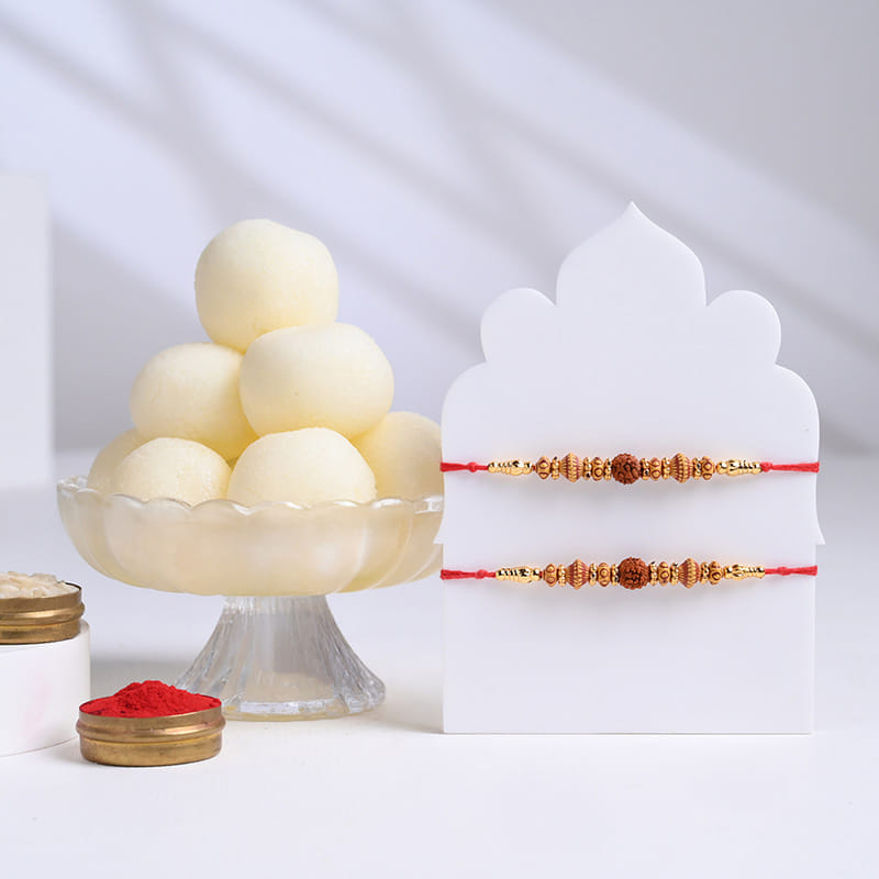 Rudraksha and Beaded Rakhi Duo with Rasgulla