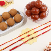 Rudraksha N Pearl Rakhi Trio With Classic Sweets-Belgium
