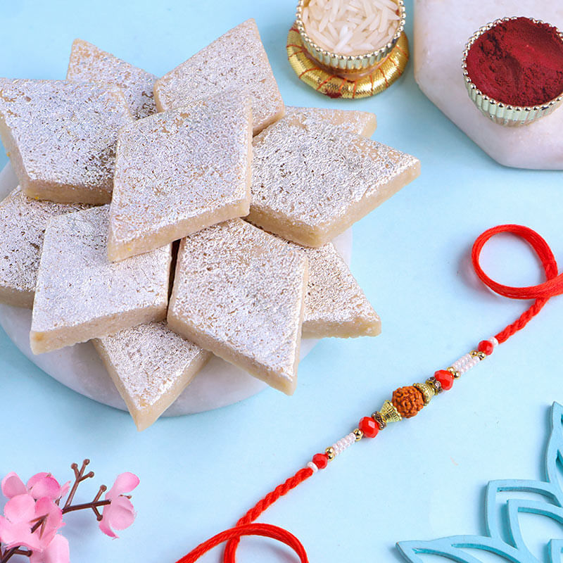Rudraksha N Pearl Rakhi With Kaju Katli