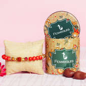 Rudraksha Rakhi Choco Combo - One Rudraksh Rakhi with Complimentary Roli and Chawal and 100gm Choco Almonds in Metallic Container