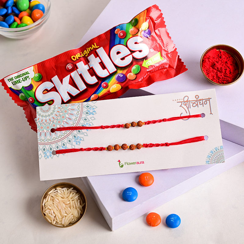 Set of 2 Rudraksha Rakhi with Skittles Chocolate