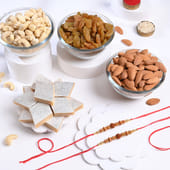 Rudraksha Rakhi Duo With Kaju Katli N Dry Fruits