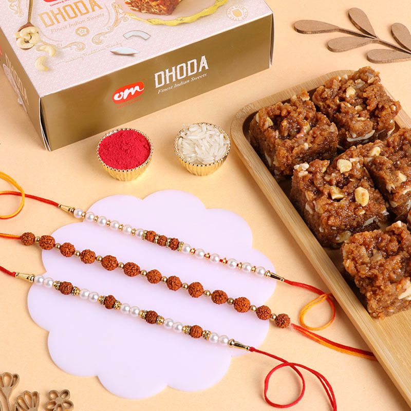 Rudraksha Rakhi Trio With Dodha Barfi