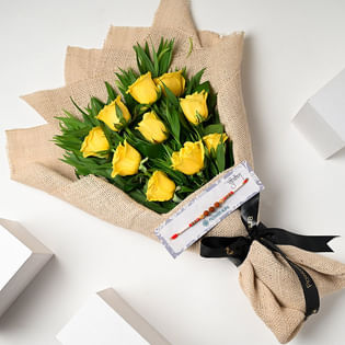 Rudraksha Rakhi With Yellow Roses Bouquet