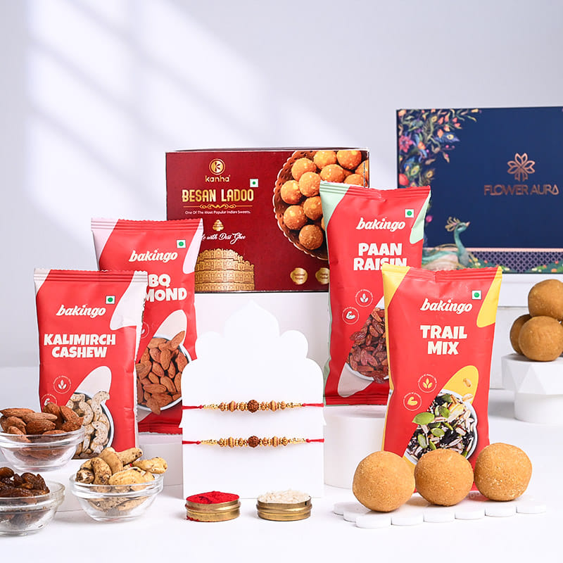 Rudraksha Rakhis Duo With Sweets N Nuts