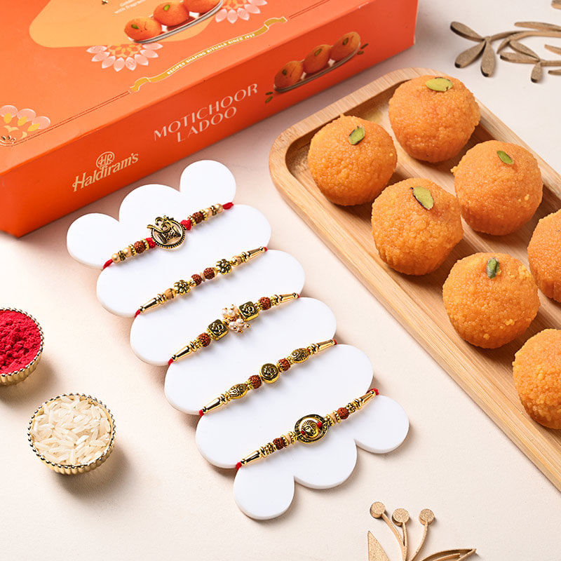 Rudraksha Spritual Rakhis With Motichoor Laddoos