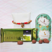 Rum Raisin Choco Rakhi Hamper - One Pearl Rakhi with Complimentary Roli and Chawal and 100gm Choco Almonds in Metallic Container and Cadbury Temptation - 72gm