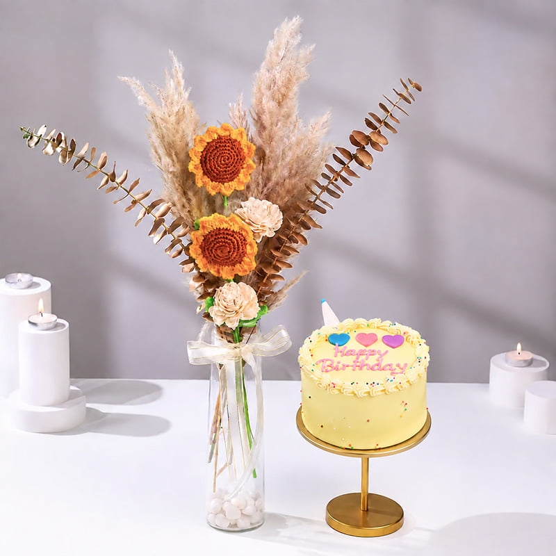 Rustic sunflower arrangement with bento cake