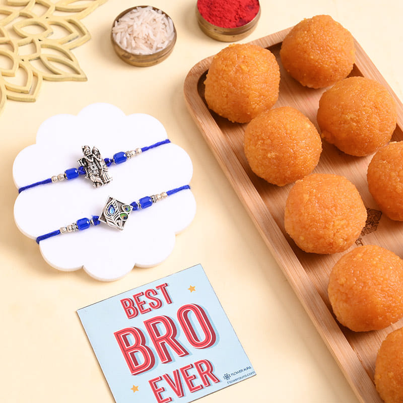 Sacred Blue Krishna Rakhi Duo With Motichoor Ladoo