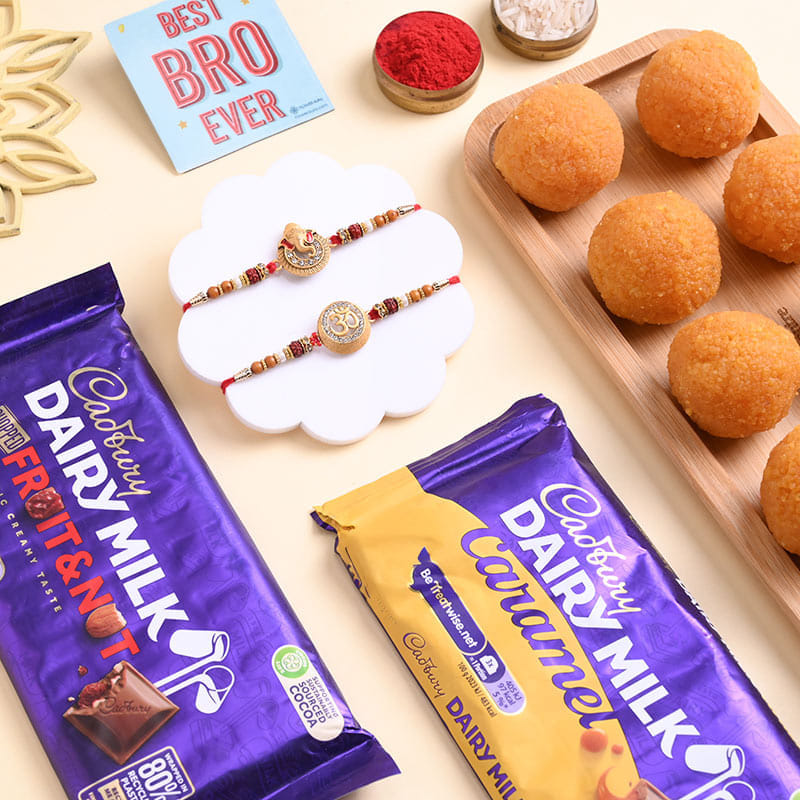 Two Divine Rakhis With Chocolates N Ladoos