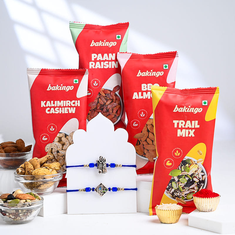 Sacred Krishna N Peacock Rakhis With Dry Fruits