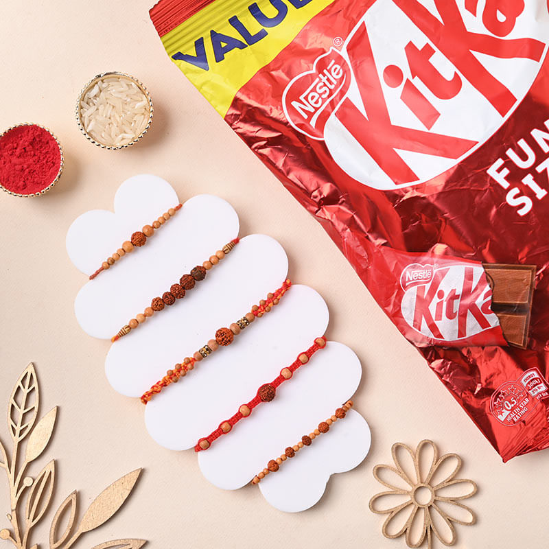 Set of 5 Rudraksha Beads Mauli Rakhi With Kitkat