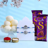 Sacred Motifs Rakhi Duo With Rasgulla N Dairy Milk