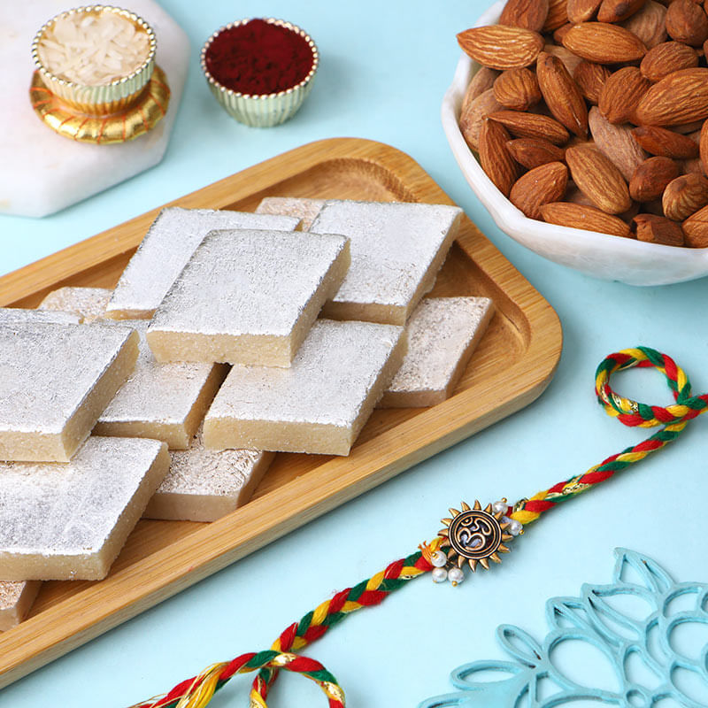 Sacred Om Rakhi With Kaju Katli N Almonds