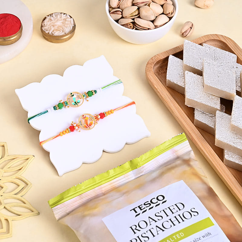 Sacred Rakhi Duo With Kaju Katli N Pistachios