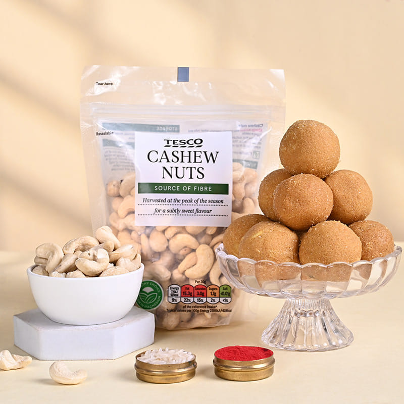 Sacred Rakhi Trio With Cashews N Besan Ladoos