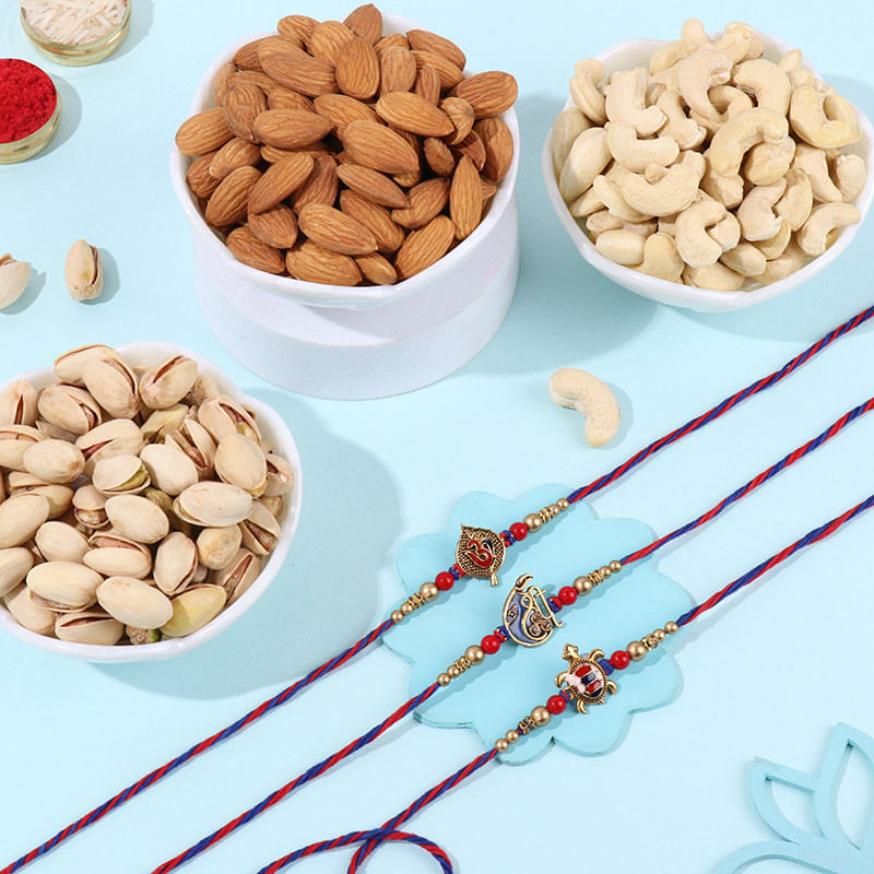 Sacred Rakhi Trio With Nutty Pista N Cachews-France