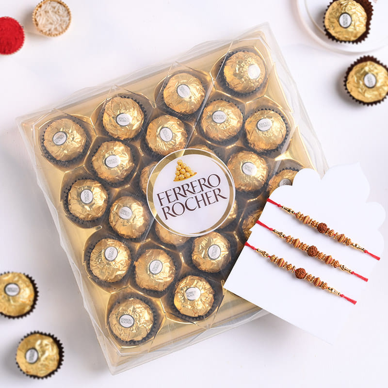 Sacred Rudraksha Rakhi Trio With Ferrero Choco Box