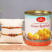 Two Designer Rakhis Set and 1 Kg Kesar Rasbhari