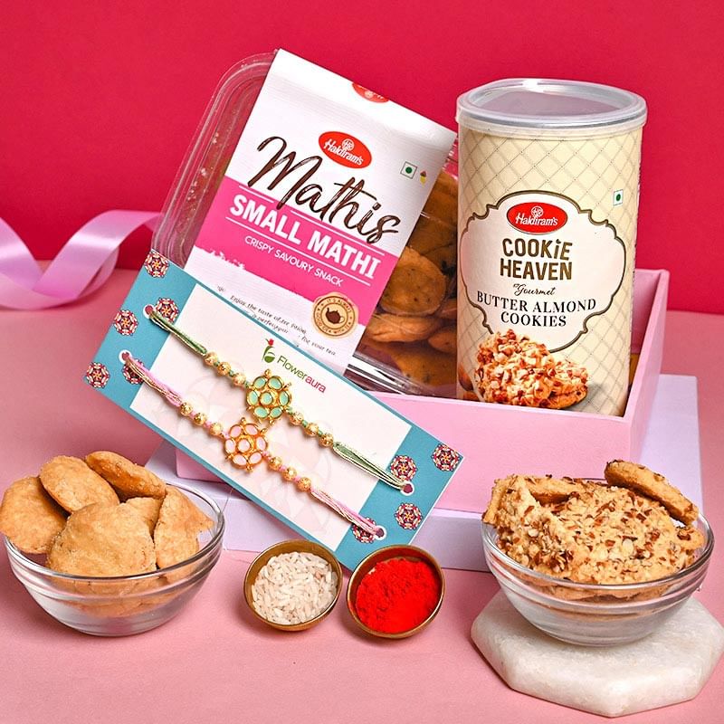Set of 2 Fancy Rakhi Online Delivery - Savory Crunchy Mathis Butter Cookies with Set of Two Fancy Rakhis