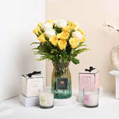 Scented Candles With White N Yellow Roses In Vase
