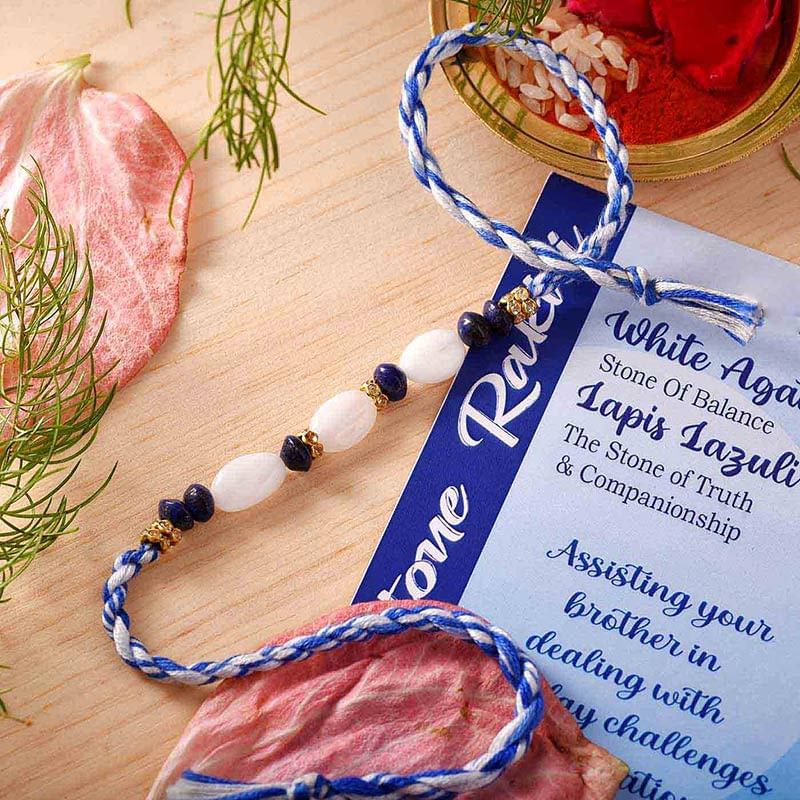 Semi Precious White Agate N Lapiz Lazuli Rakhi