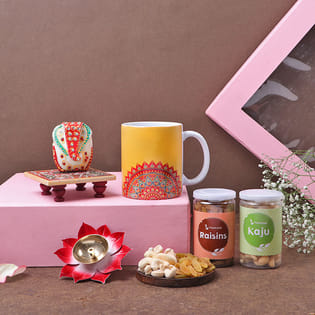 Ganesha on chauki, Mug, Diya & Dry Fruits For Diwali