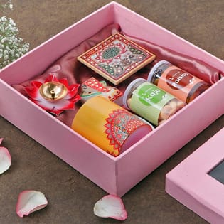 Ganesha on chauki, Mug, Diya & Dry Fruits For Diwali