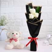 Serene White Roses With Teddy